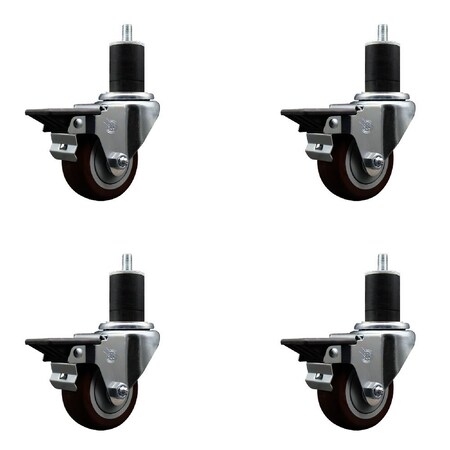 Service Caster 3'' Maroon Poly Swivel 1-3/4'' Expanding Stem Caster Set with Brake, 4PK SCC-EX20S314-PPUB-MRN-PLB-134-4